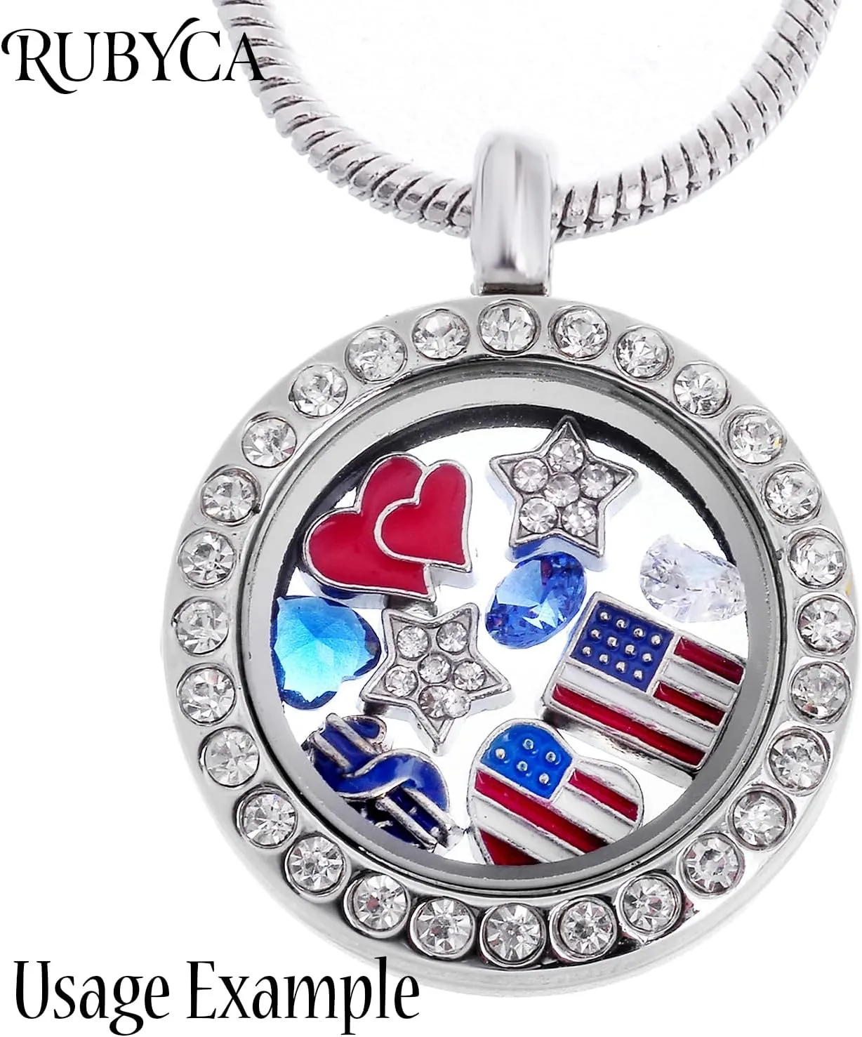 RUBYCA Living Memory Floating Charm Heart Glass Locket Pendant Necklace 20 Inches 5pcs Silver Color
