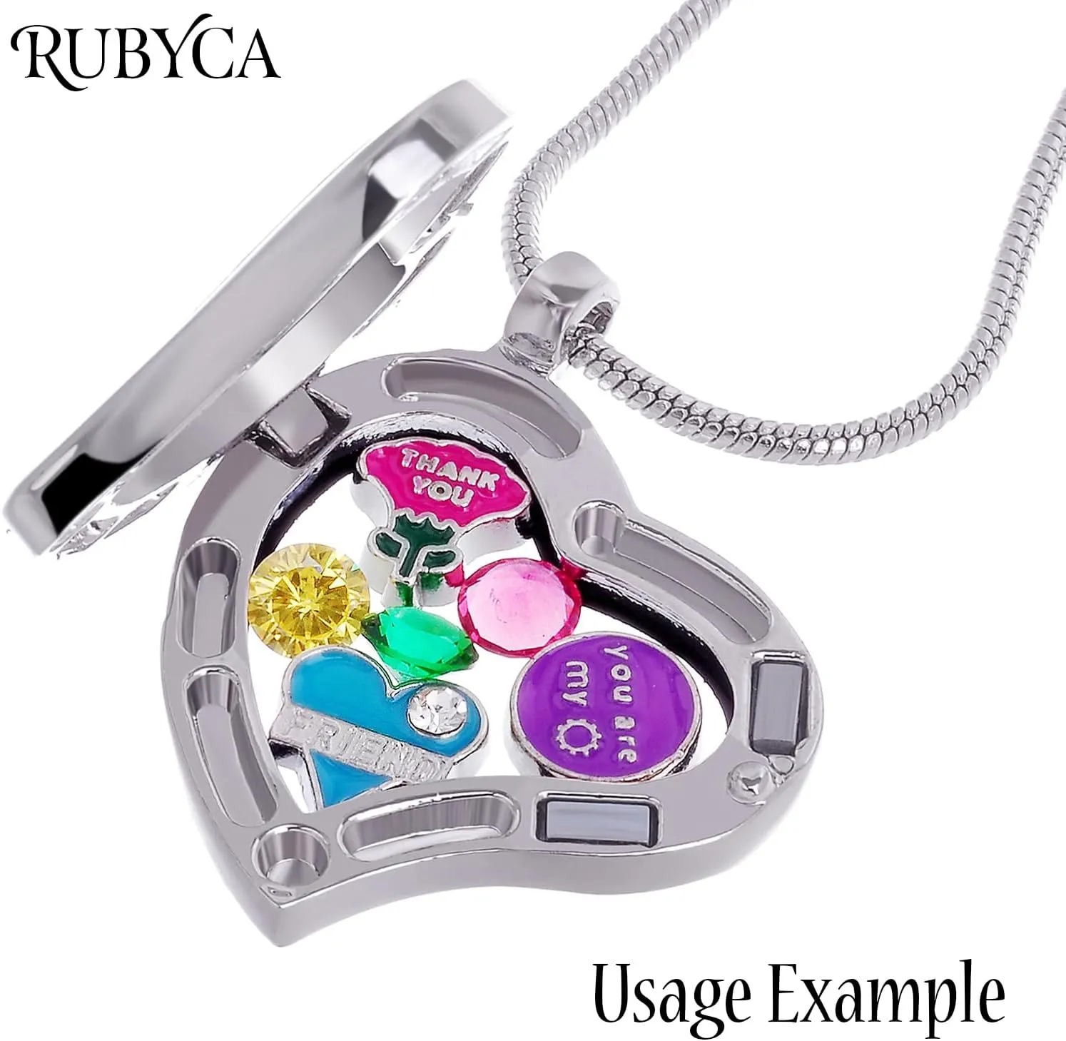 RUBYCA Living Memory Floating Charm Heart Glass Locket Pendant Necklace 20 Inches 5pcs Silver Color