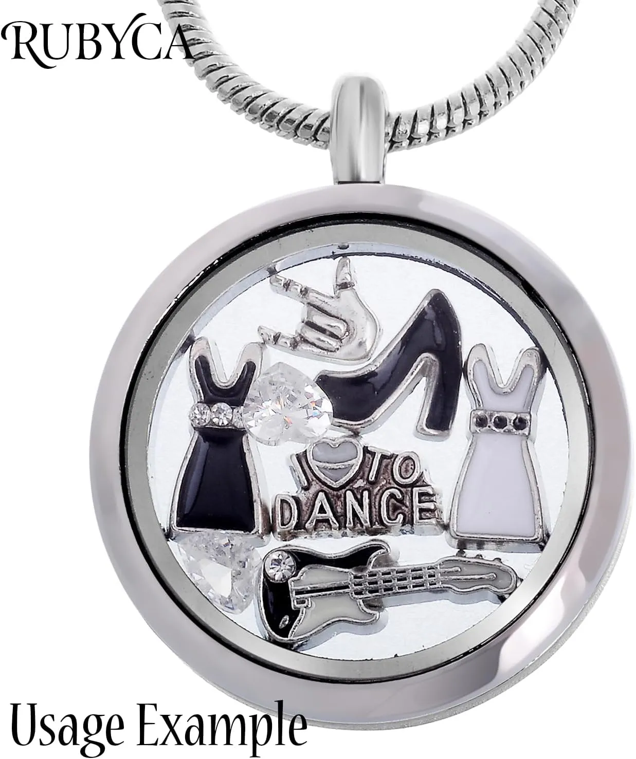 RUBYCA Living Memory Floating Charm Heart Glass Locket Pendant Necklace 20 Inches 5pcs Silver Color