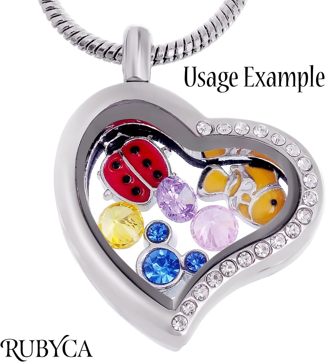 RUBYCA Living Memory Floating Charm Heart Glass Locket Pendant Necklace 20 Inches 5pcs Silver Color