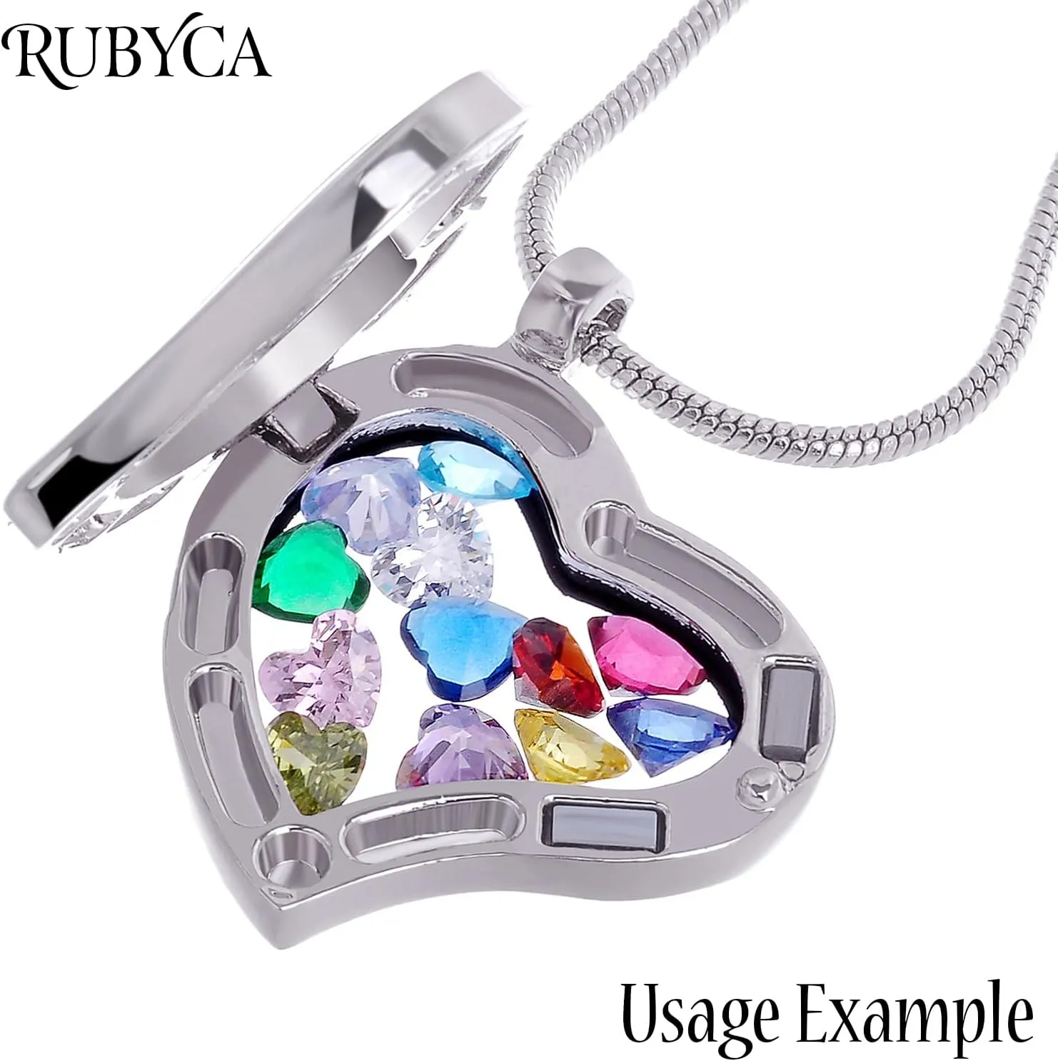 RUBYCA Living Memory Floating Charm Heart Glass Locket Pendant Necklace 20 Inches 5pcs Silver Color