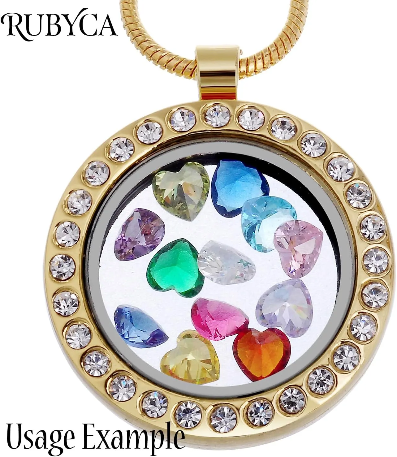 RUBYCA Living Memory Floating Charm Round Glass Locket Pendant Necklace 20 Inches 5pcs Gold Tone White Crystal