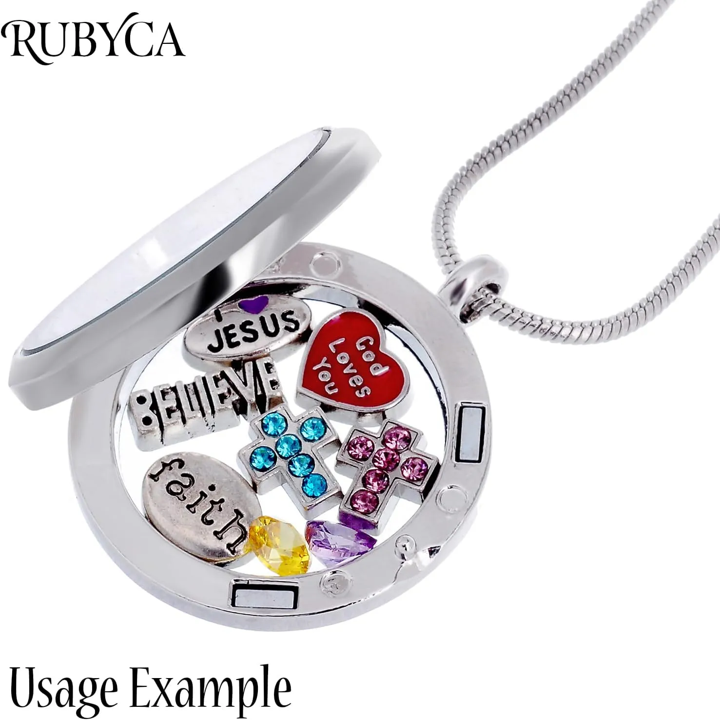 RUBYCA Living Memory Floating Charm Round Glass Locket Pendant Necklace 20 Inches 5pcs Gold Tone White Crystal