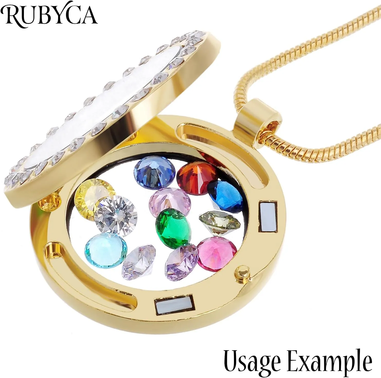 RUBYCA Living Memory Floating Charm Round Glass Locket Pendant Necklace 20 Inches 5pcs Gold Tone White Crystal