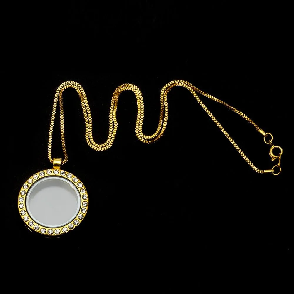 RUBYCA Living Memory Floating Charm Round Glass Locket Pendant Necklace 20 Inches 5pcs Gold Tone White Crystal