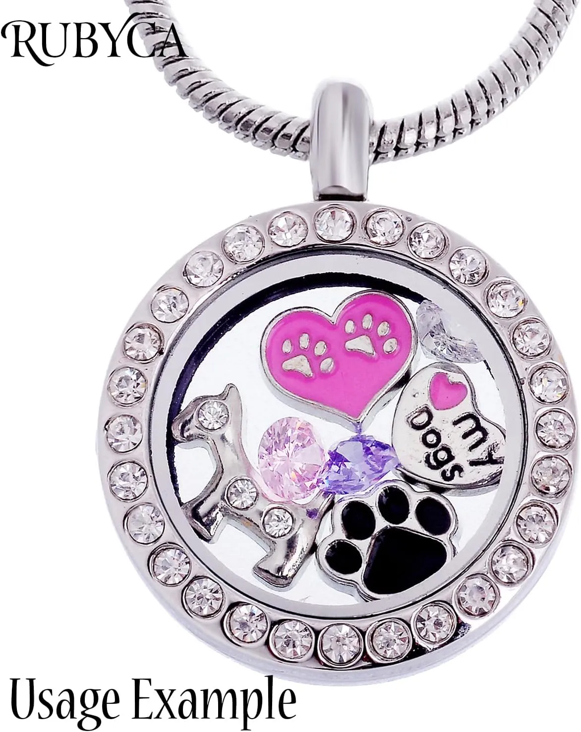 RUBYCA Living Memory Floating Charm Round Glass Locket Pendant Necklace 20 Inches 5pcs Gold Tone White Crystal