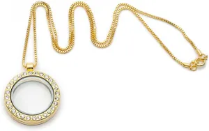 RUBYCA Living Memory Floating Charm Round Glass Locket Pendant Necklace 20 Inches 5pcs Gold Tone White Crystal
