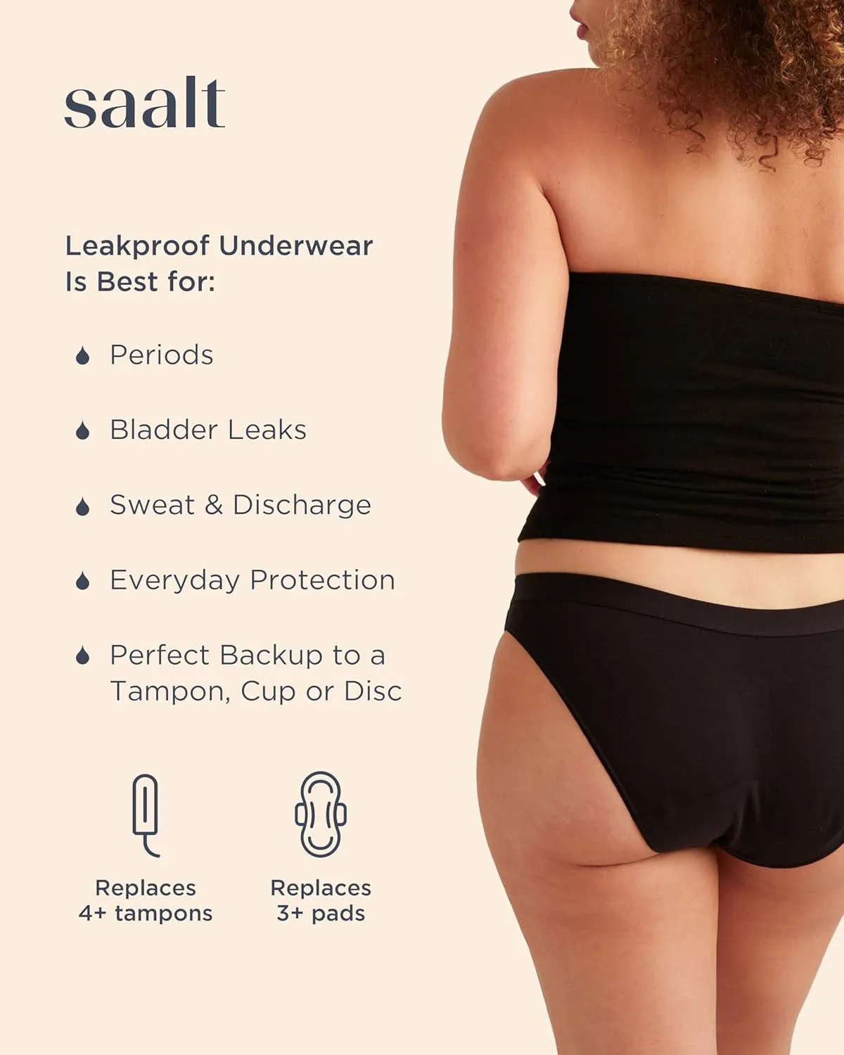 saalt Reusable Period Underwear - Comfortable, Thin, and Keeps You Dry from All Leaks (Cotton, Bikini)