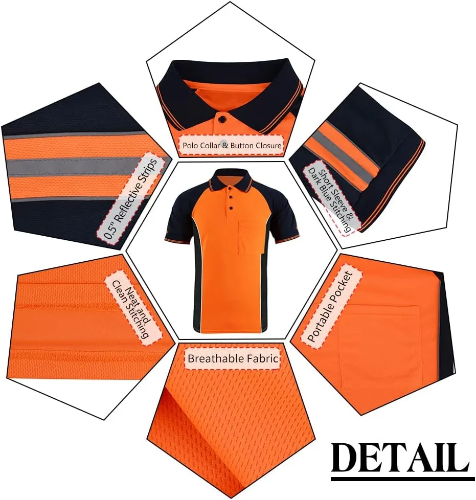 Safety Shirt High Visibility Short Long Sleeve Reflective Polo Shirts, Work T Shirts for Men Construction