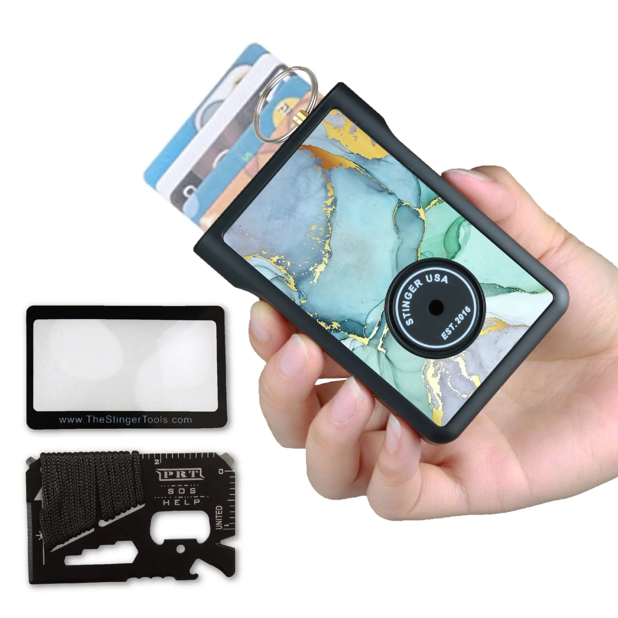 Safety Wallet With Personal Alarm Multi Functional Tool (Green Marble)