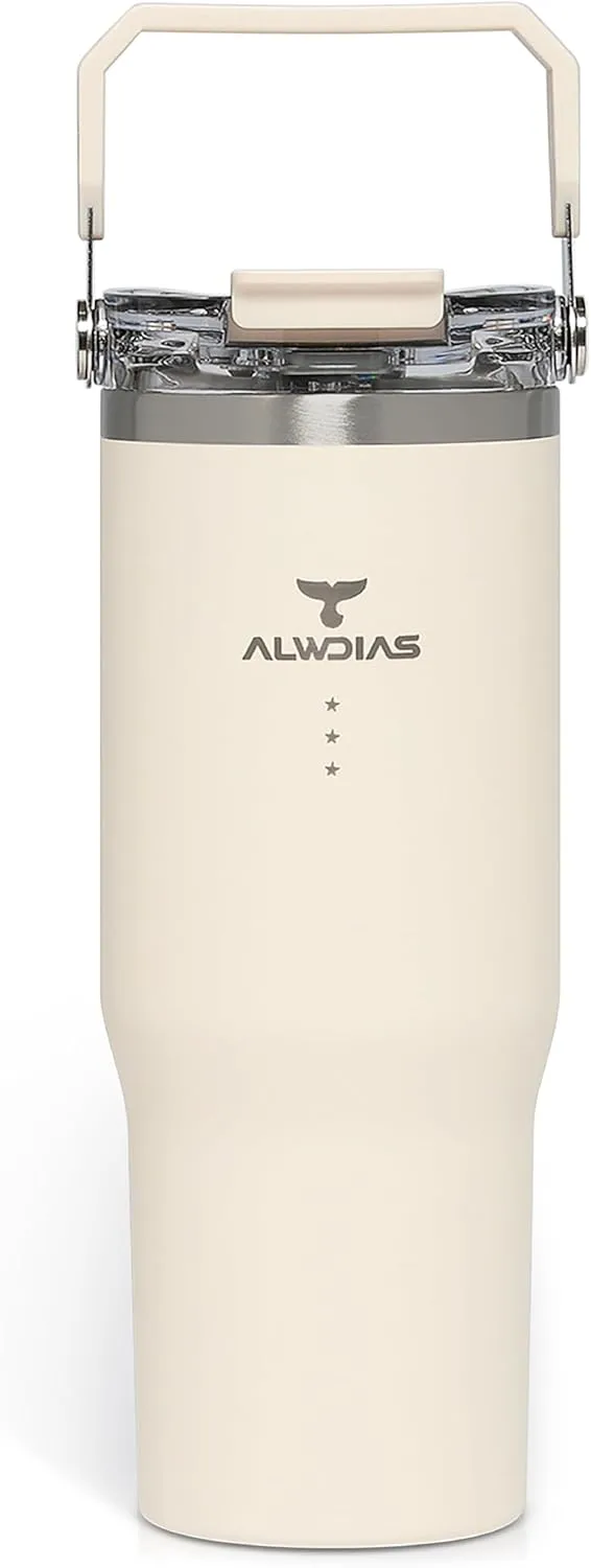 Samsta 32 oz Insulated Stainless Steel Tumbler with Leak-Proof Flip Top Lid, Straw, and Handle | Cold Water Drinking Bottle for Travel, Gym, Office & Outdoor | White Cream
