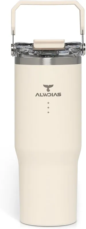Samsta 32 oz Insulated Stainless Steel Tumbler with Leak-Proof Flip Top Lid, Straw, and Handle | Cold Water Drinking Bottle for Travel, Gym, Office & Outdoor | White Cream