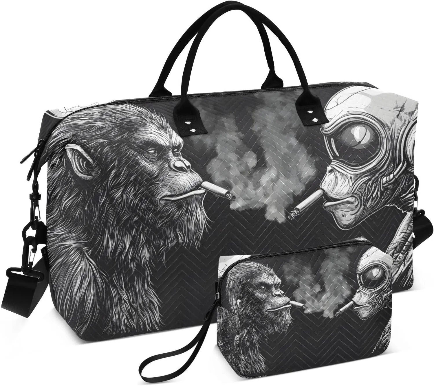 Sasquatch Alien Face Travel Duffel Bag, Gym Bags with Multiple Interior Pockets for Men Women Toiletry Purse Included 20.5”x 1.9” x 13.8”