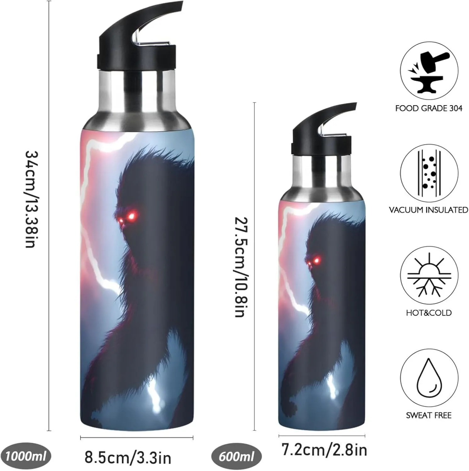 Sasquatch Silhouettes Eyes Print Sports Bottle with Straw and Carry Loop for Gym, Camping, Workout, and Outdoors，Insulated Water Bottle Jug for All Day Hydration