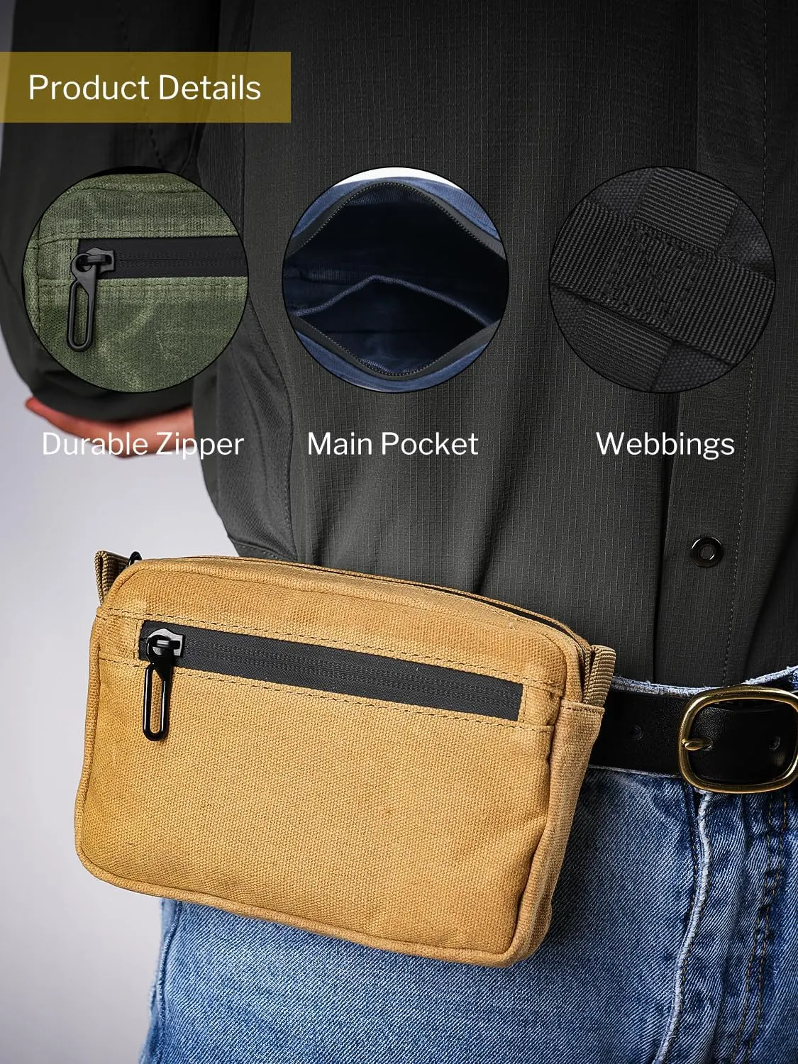 Sayram SP7 EDC Belt Pouch - Waxed Canvas With Zipper, Waist Pack for Men, Anti-Theft Pickpocket Organizer for Daily Use