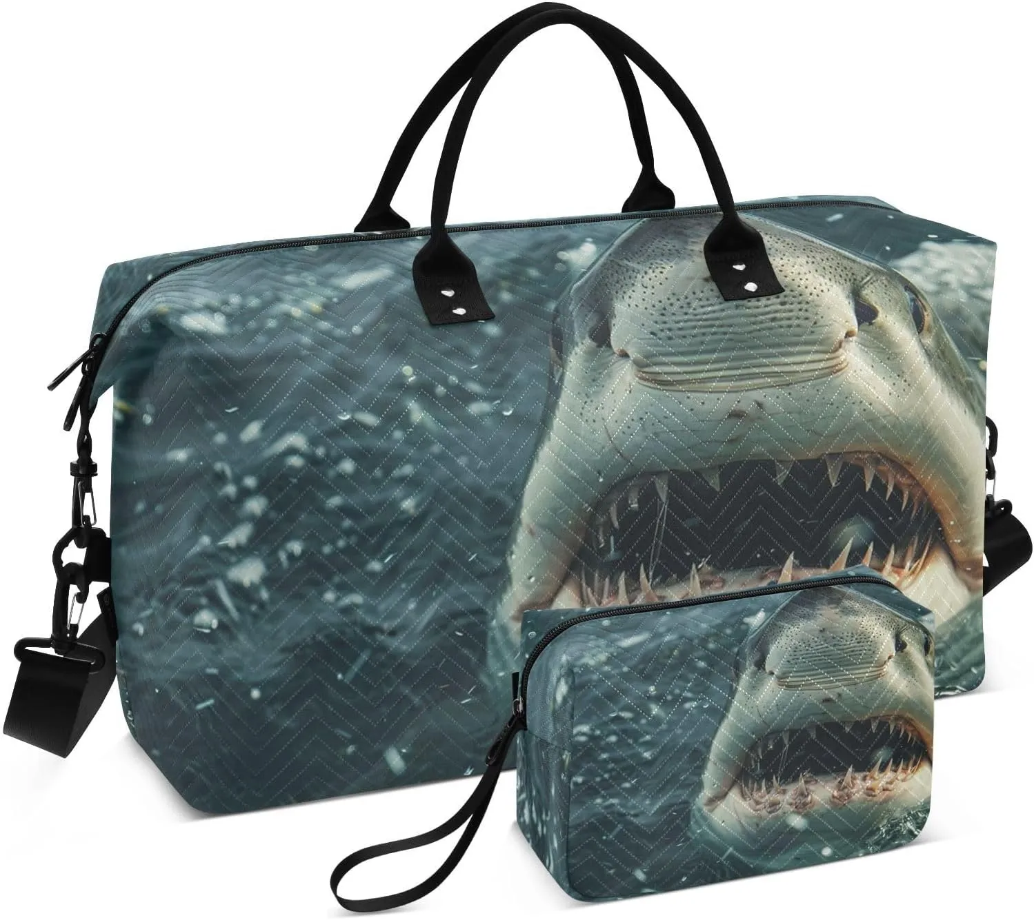 Scary Fish Attack Ocean Duffel Bag for Traveling, Gym Bags with Multiple Interior Pockets for Women Men Toiletry Purse Included 20.5”x 1.9” x 13.8”