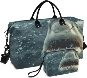 Scary Fish Attack Ocean Duffel Bag for Traveling, Gym Bags with Multiple Interior Pockets for Women Men Toiletry Purse Included 20.5”x 1.9” x 13.8”