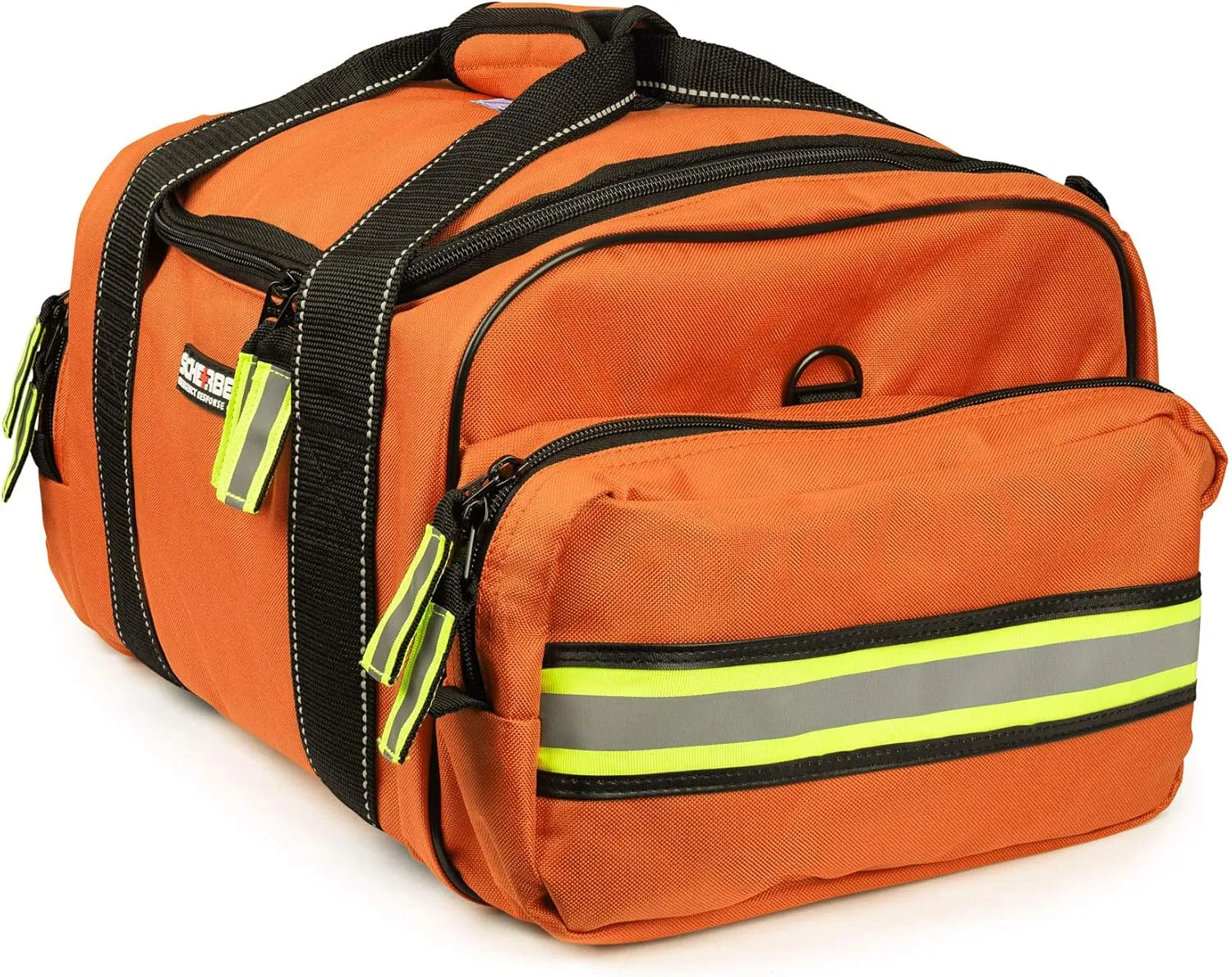 Scherber First Responder Fully-Stocked Large Professional Essentials EMT/EMS Trauma Kit | HSA/FSA Approved | Reflective Bag w/8 Zippered Pockets & Compartments & 250  First Aid Supplies (Orange)