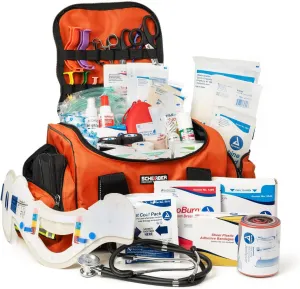 Scherber First Responder Fully-Stocked Large Professional Essentials EMT/EMS Trauma Kit | HSA/FSA Approved | Reflective Bag w/8 Zippered Pockets & Compartments & 250  First Aid Supplies (Orange)
