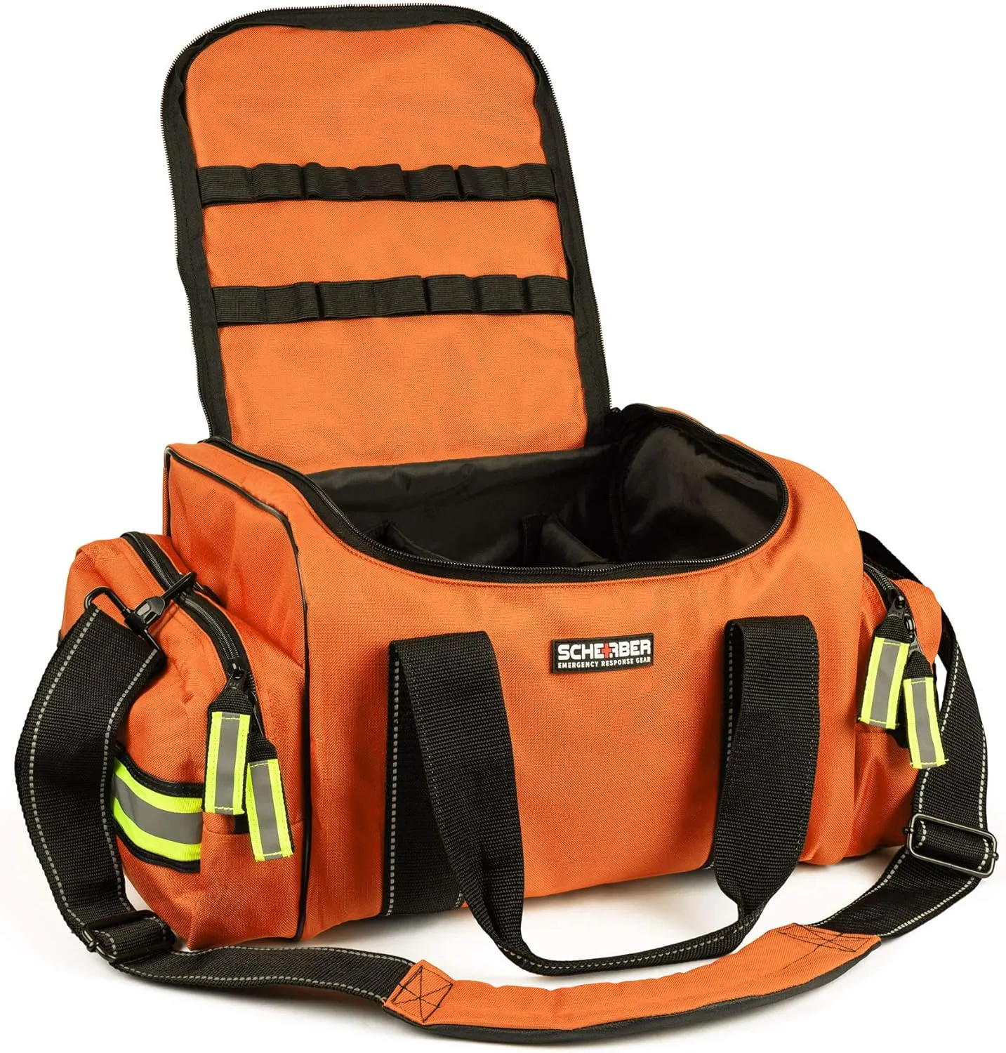 Scherber First Responder Fully-Stocked Large Professional Essentials EMT/EMS Trauma Kit | HSA/FSA Approved | Reflective Bag w/8 Zippered Pockets & Compartments & 250  First Aid Supplies (Orange)