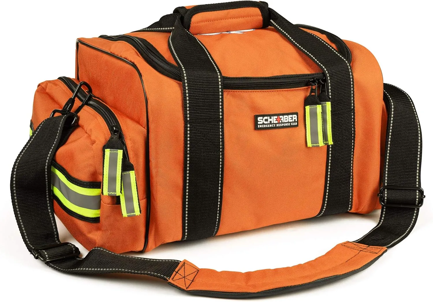 Scherber First Responder Fully-Stocked Large Professional Essentials EMT/EMS Trauma Kit | HSA/FSA Approved | Reflective Bag w/8 Zippered Pockets & Compartments & 250  First Aid Supplies (Orange)