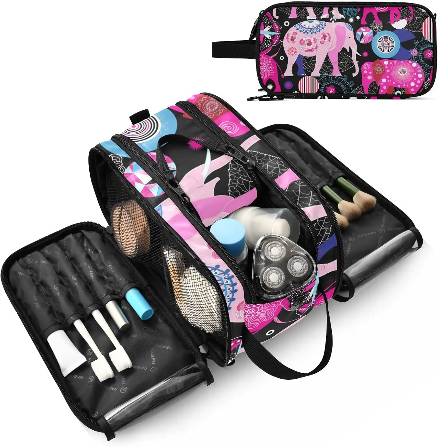 Seamless Bright Pink Elephants Tribal Ethnic Theme on Black Women's Portable Makeup Bag with Handle, Cosmetic Bag, Travel Cosmetic Bag Durable Toiletry Storage Organizer 11 x 7 x 5.7 inch