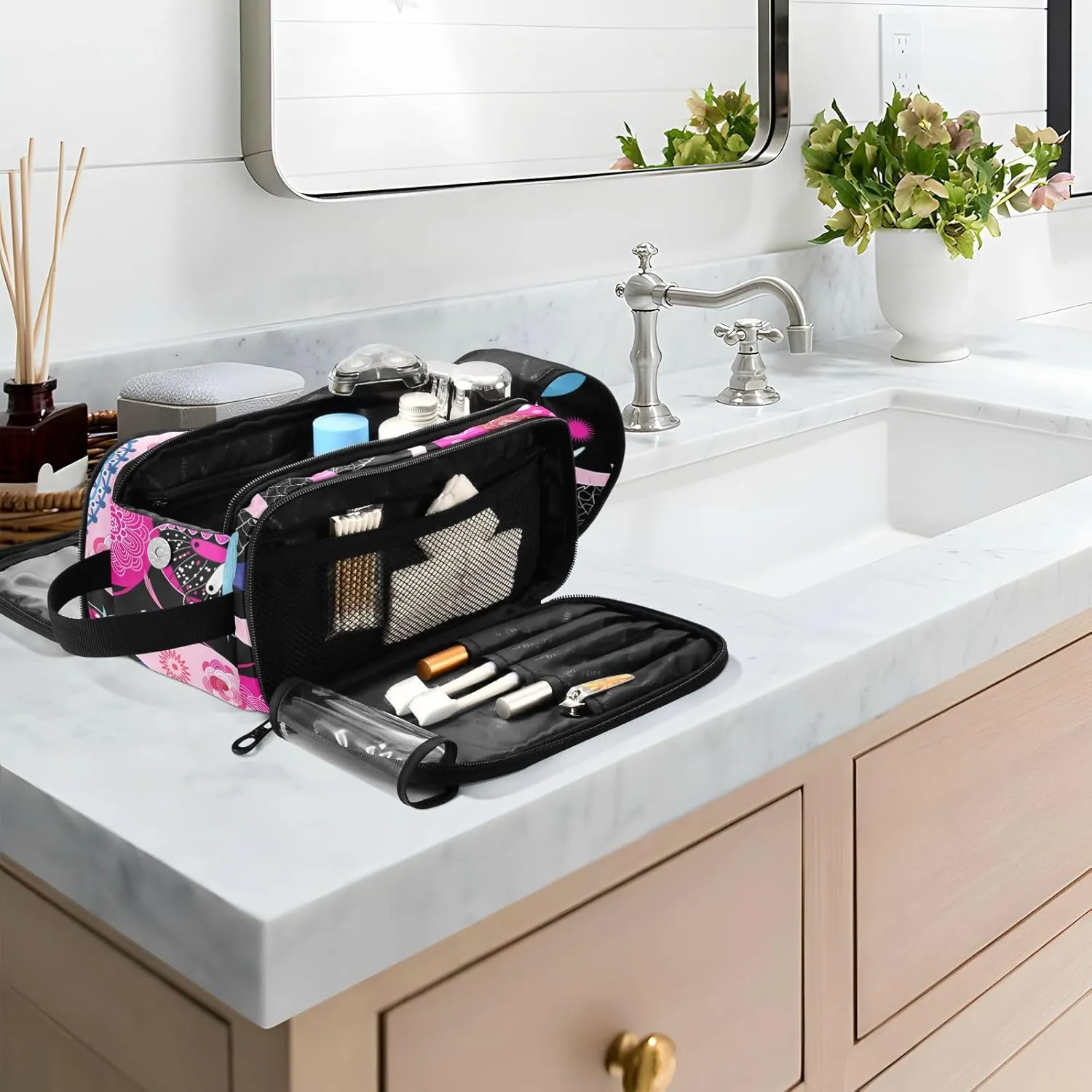 Seamless Bright Pink Elephants Tribal Ethnic Theme on Black Women's Portable Makeup Bag with Handle, Cosmetic Bag, Travel Cosmetic Bag Durable Toiletry Storage Organizer 11 x 7 x 5.7 inch