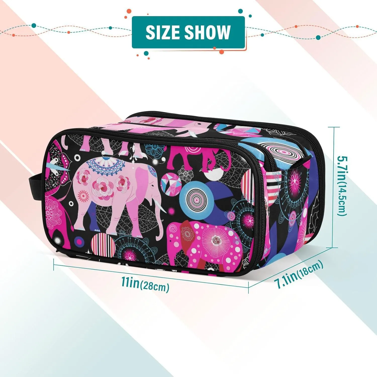 Seamless Bright Pink Elephants Tribal Ethnic Theme on Black Women's Portable Makeup Bag with Handle, Cosmetic Bag, Travel Cosmetic Bag Durable Toiletry Storage Organizer 11 x 7 x 5.7 inch