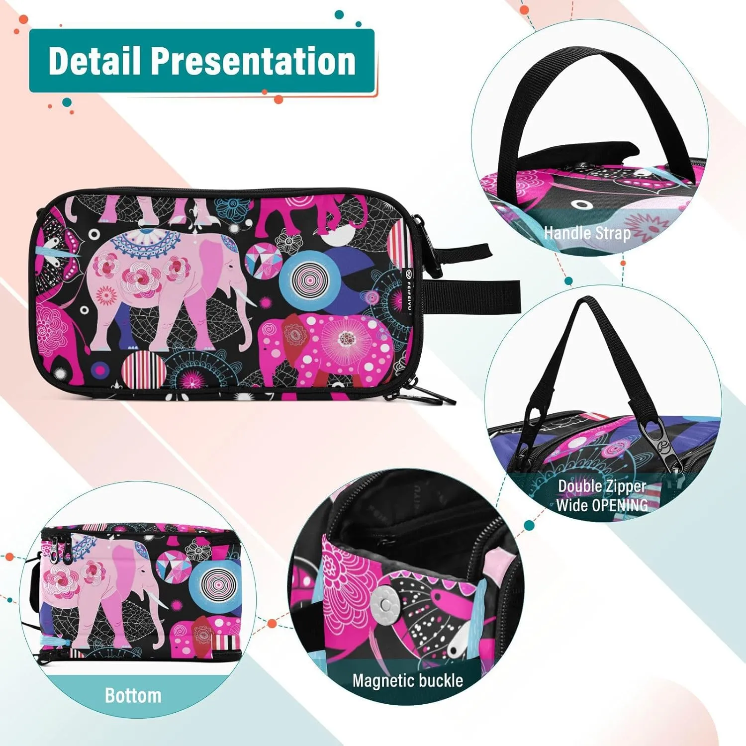 Seamless Bright Pink Elephants Tribal Ethnic Theme on Black Women's Portable Makeup Bag with Handle, Cosmetic Bag, Travel Cosmetic Bag Durable Toiletry Storage Organizer 11 x 7 x 5.7 inch