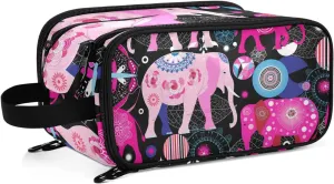 Seamless Bright Pink Elephants Tribal Ethnic Theme on Black Women's Portable Makeup Bag with Handle, Cosmetic Bag, Travel Cosmetic Bag Durable Toiletry Storage Organizer 11 x 7 x 5.7 inch