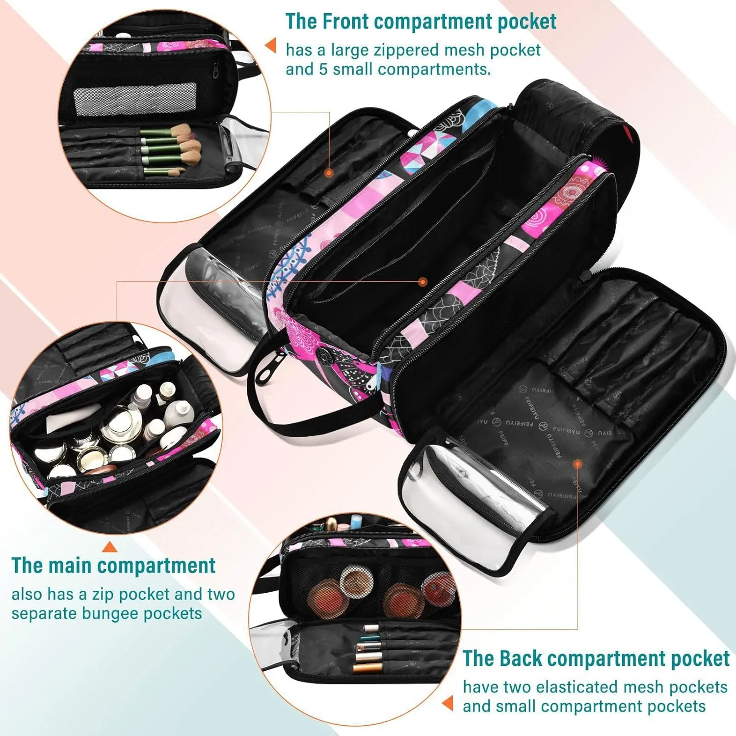 Seamless Bright Pink Elephants Tribal Ethnic Theme on Black Women's Portable Makeup Bag with Handle, Cosmetic Bag, Travel Cosmetic Bag Durable Toiletry Storage Organizer 11 x 7 x 5.7 inch