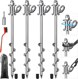 SELEWARE Heavy Duty Ground Anchors Tent Stakes for Trampoline Camping Swing Set Shed Canopy Securing Animals Bounce House Free Swivel Anchor Design 4 Pcs 13'' Long