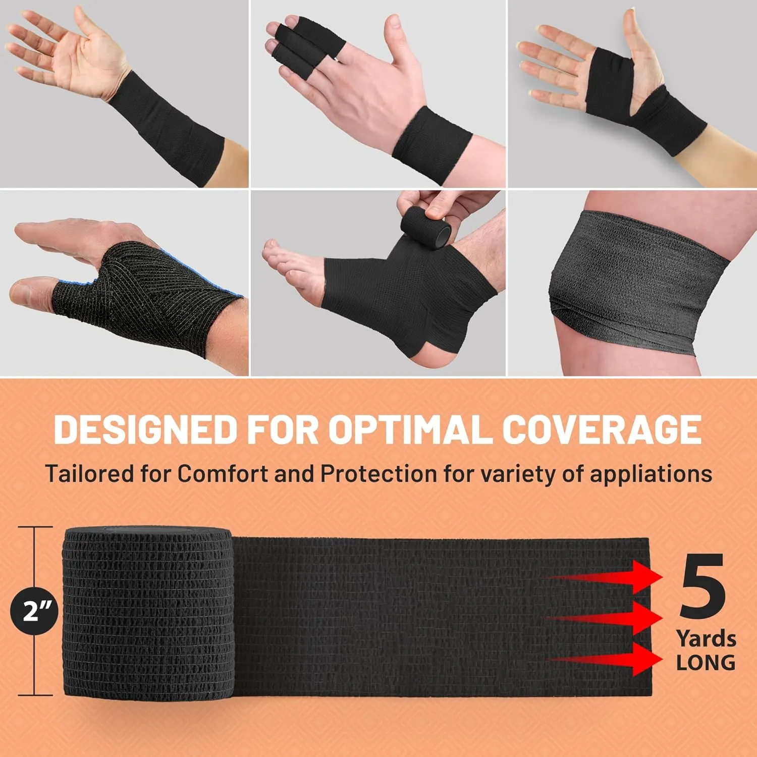 Self-Adherent Cohesive Bandage - 12 Pack Bulk | Black Self-Adhering Medical Wrap | 2" Wide x 5 Yards Athletic Sports Tape Sweat & Water Resistant, First Aid