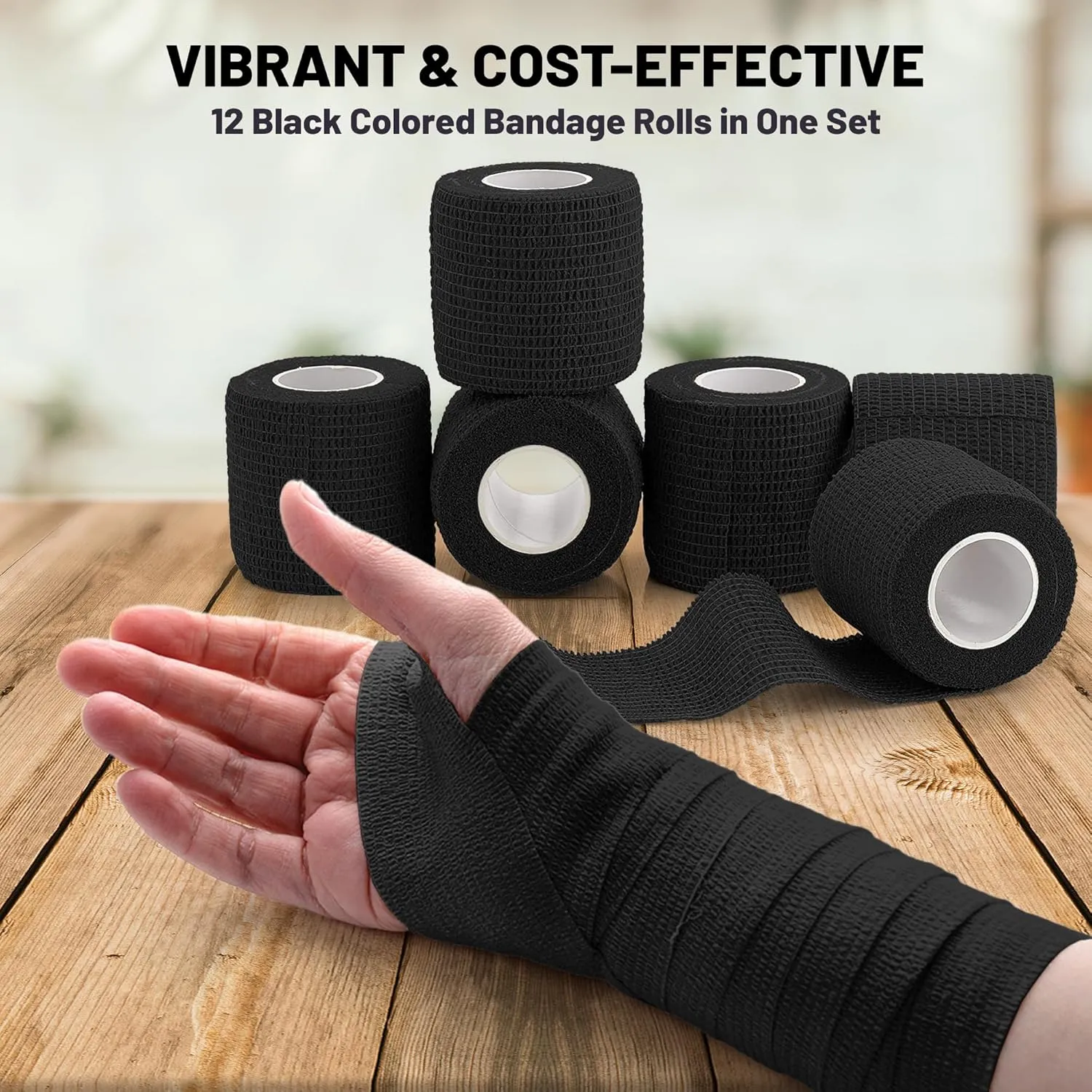 Self-Adherent Cohesive Bandage - 12 Pack Bulk | Black Self-Adhering Medical Wrap | 2" Wide x 5 Yards Athletic Sports Tape Sweat & Water Resistant, First Aid