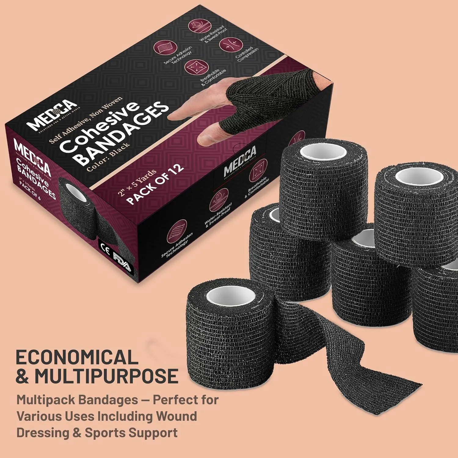 Self-Adherent Cohesive Bandage - 12 Pack Bulk | Black Self-Adhering Medical Wrap | 2" Wide x 5 Yards Athletic Sports Tape Sweat & Water Resistant, First Aid