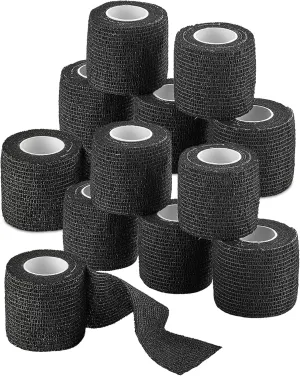 Self-Adherent Cohesive Bandage - 12 Pack Bulk | Black Self-Adhering Medical Wrap | 2" Wide x 5 Yards Athletic Sports Tape Sweat & Water Resistant, First Aid