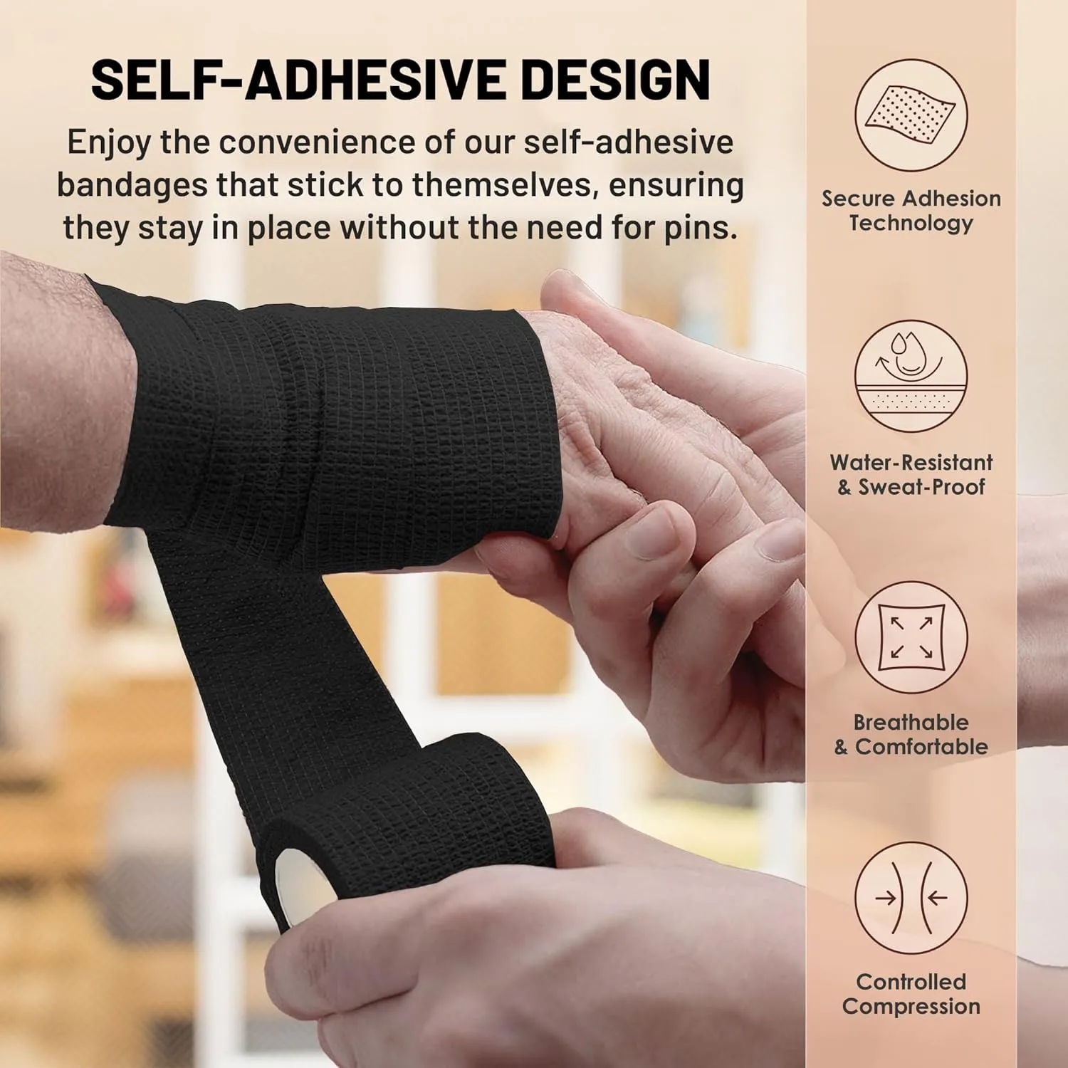 Self-Adherent Cohesive Bandage - 12 Pack Bulk | Black Self-Adhering Medical Wrap | 2" Wide x 5 Yards Athletic Sports Tape Sweat & Water Resistant, First Aid