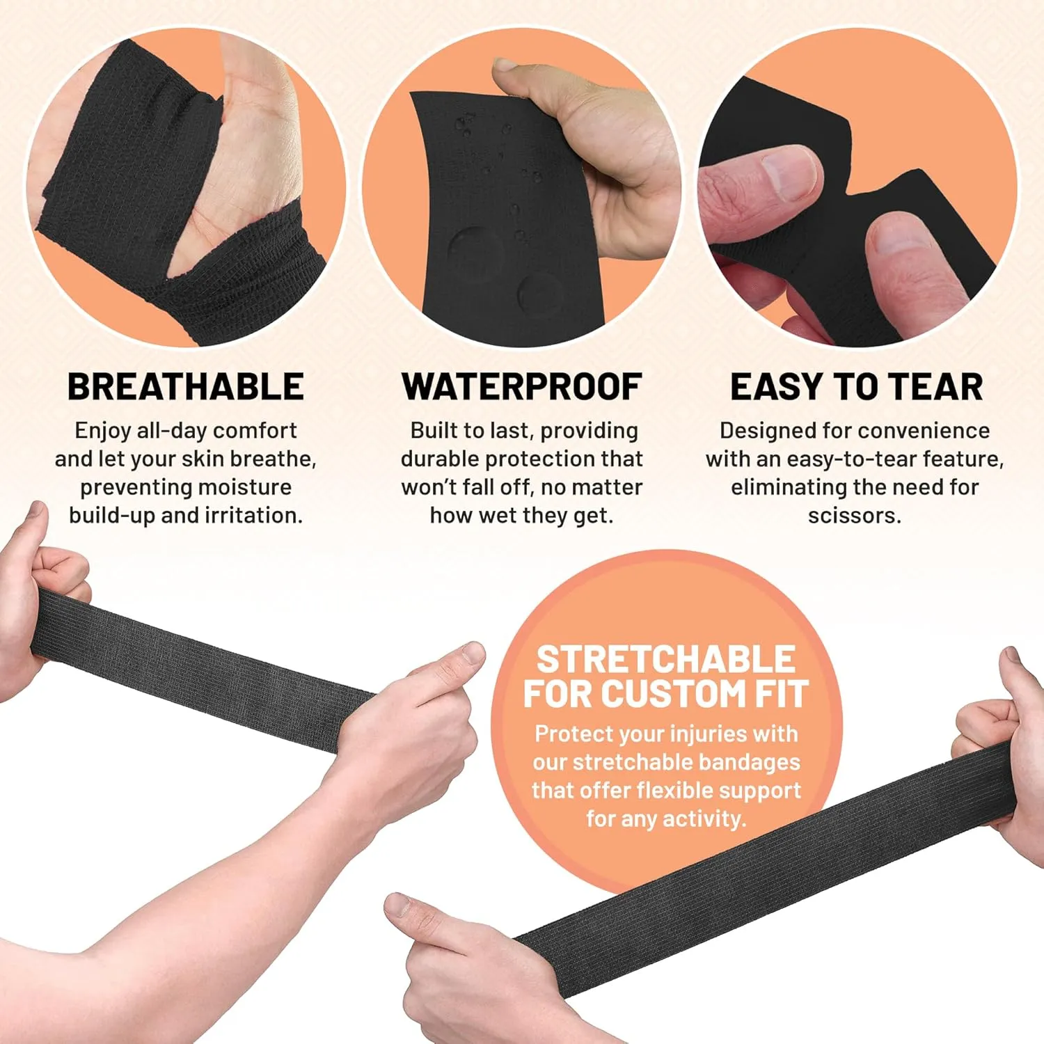 Self-Adherent Cohesive Bandage - 12 Pack Bulk | Black Self-Adhering Medical Wrap | 2" Wide x 5 Yards Athletic Sports Tape Sweat & Water Resistant, First Aid