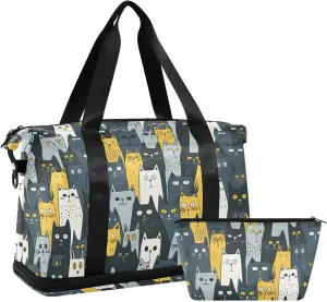 senya Cat Weekender Bag for Women, Texture Of A Crowd Of Cats Gym Bag Sports Duffle Bag Travel Tote Bag with Toiletry Bag Shoes Compartment Dry/Wet Separation Swim Bag, A06Y22017