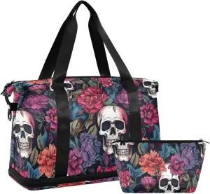 senya Skull Weekender Bag for Women, Purple Flower Skull Gym Bag Sports Duffle Bag Travel Tote Bag with Toiletry Bag Shoes Compartment Dry/Wet Separation Swim Bag, A06Y22017