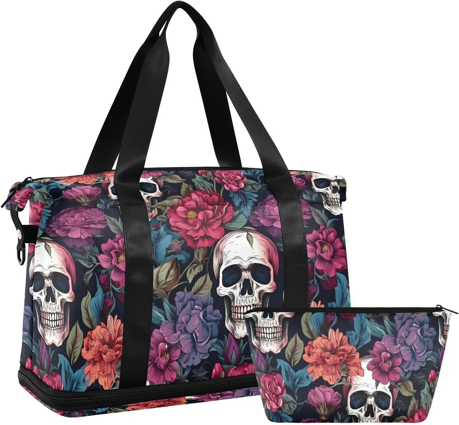 senya Skull Weekender Bag for Women, Purple Flower Skull Gym Bag Sports Duffle Bag Travel Tote Bag with Toiletry Bag Shoes Compartment Dry/Wet Separation Swim Bag, A06Y22017