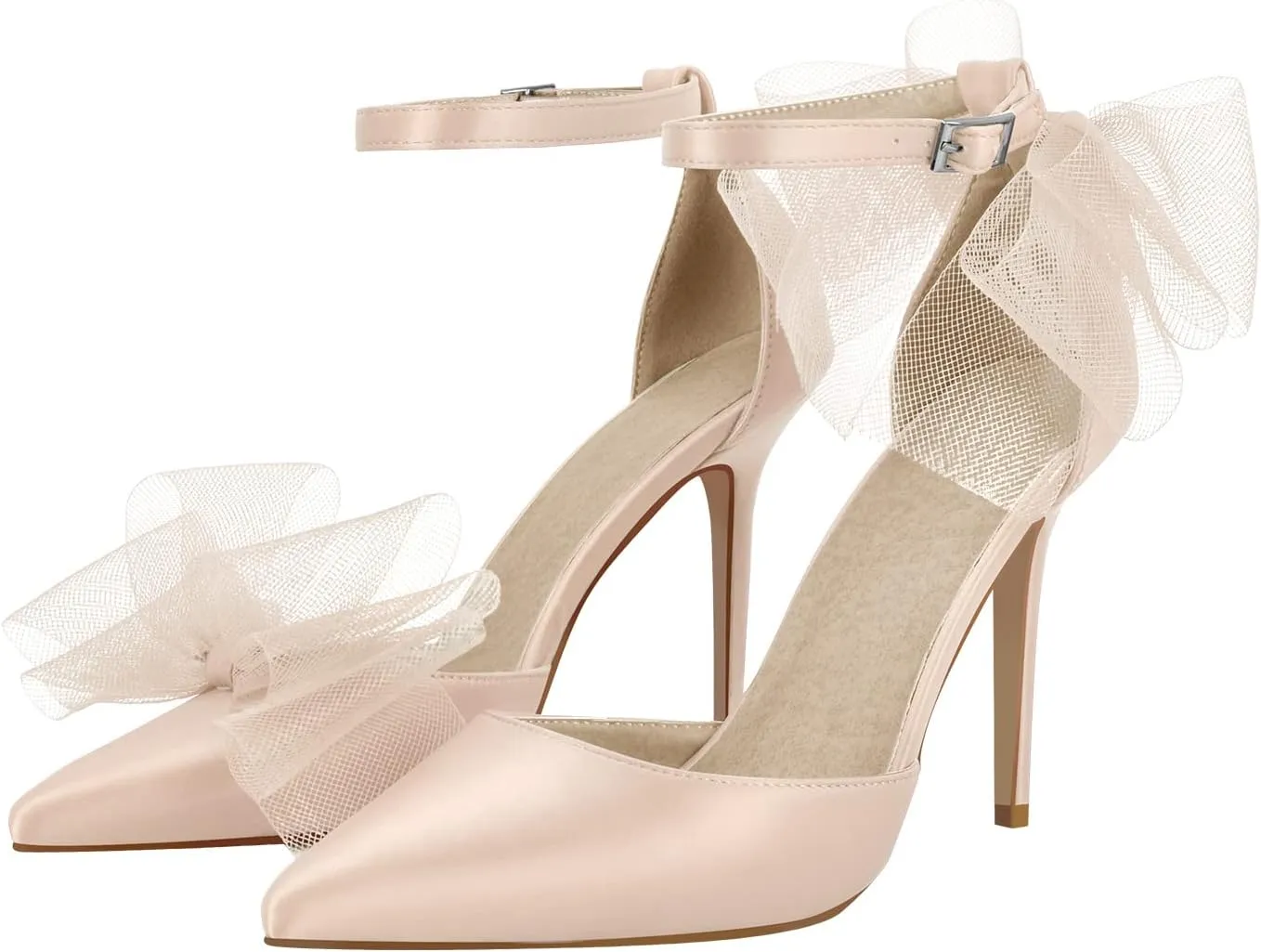sexytag Women's Bow Heel Ankle Strap Pointed Toe Sexy Stiletto High Heels Pumps Satin Wedding Dress Party Sandals