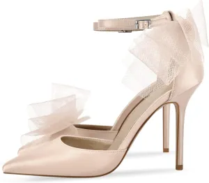 sexytag Women's Bow Heel Ankle Strap Pointed Toe Sexy Stiletto High Heels Pumps Satin Wedding Dress Party Sandals