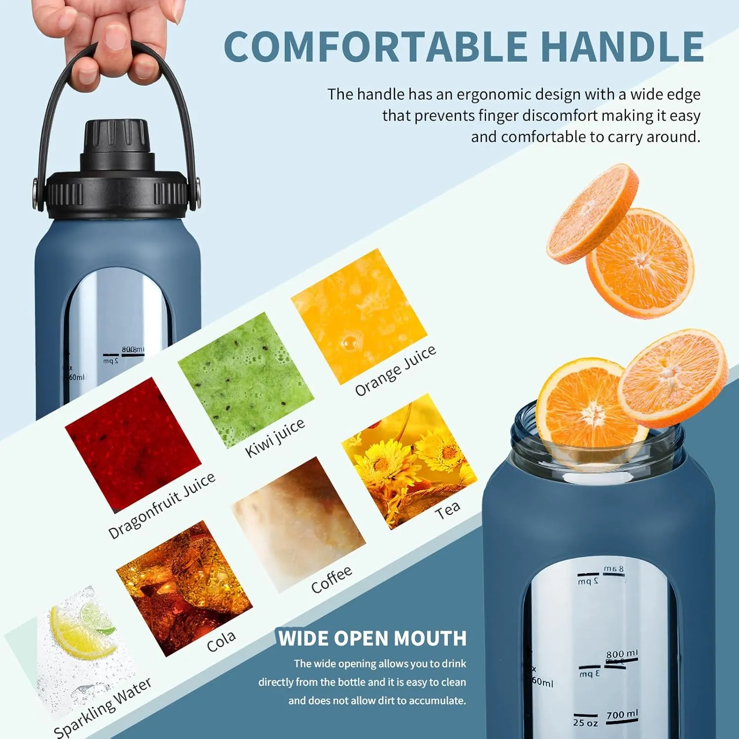 SIEROZUR 32 oz Glass Water Bottles with 2 Lids-Handle Spout Lid & Straw Lid 1 Liter Motivational Borosilicate Water Bottle with Silicone Sleeve and Time Marker,Leakproof