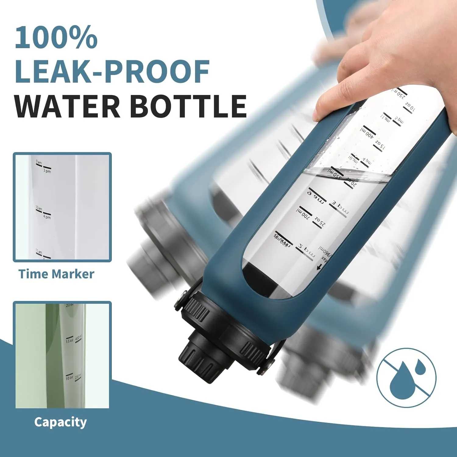 SIEROZUR 32 oz Glass Water Bottles with 2 Lids-Handle Spout Lid & Straw Lid 1 Liter Motivational Borosilicate Water Bottle with Silicone Sleeve and Time Marker,Leakproof