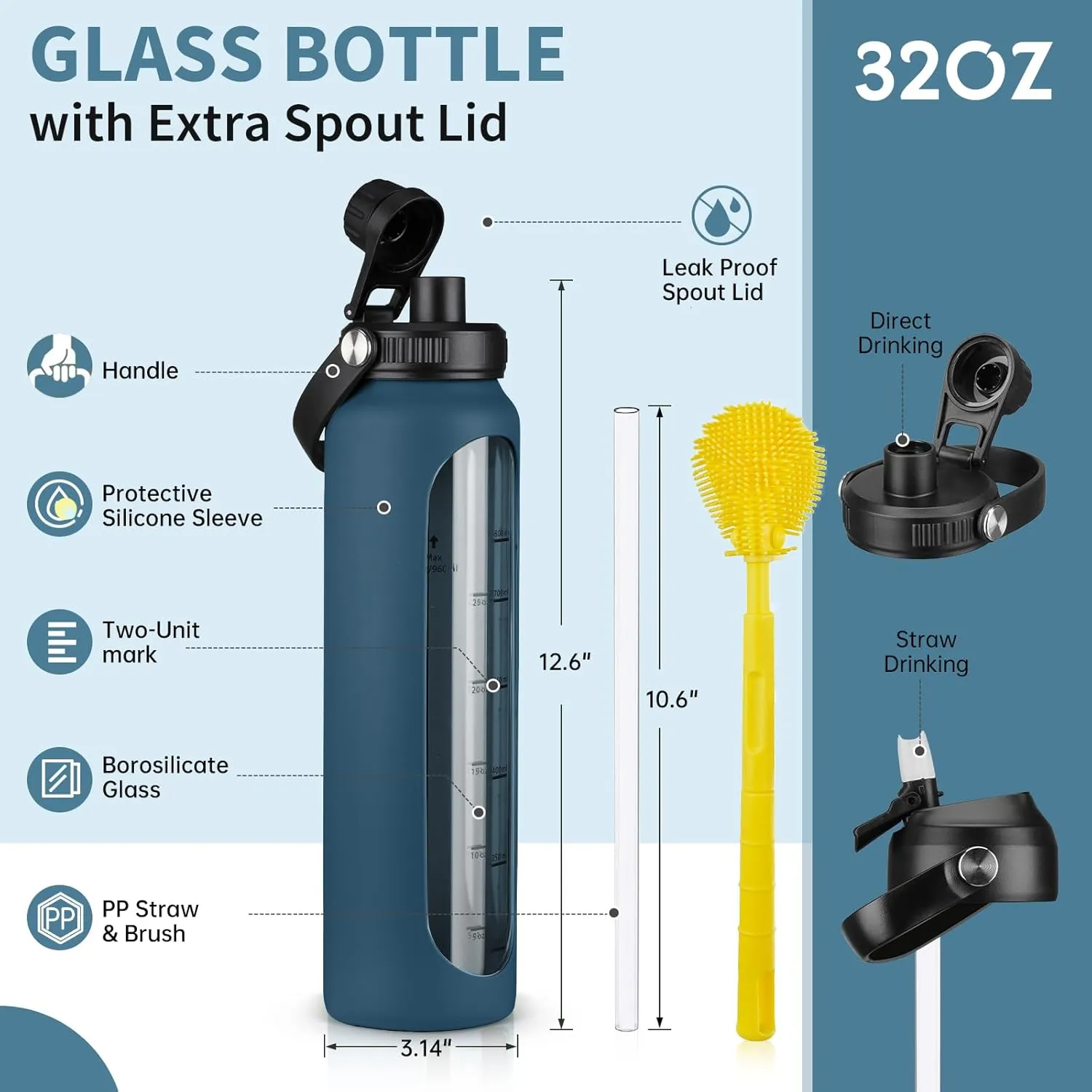 SIEROZUR 32 oz Glass Water Bottles with 2 Lids-Handle Spout Lid & Straw Lid 1 Liter Motivational Borosilicate Water Bottle with Silicone Sleeve and Time Marker,Leakproof