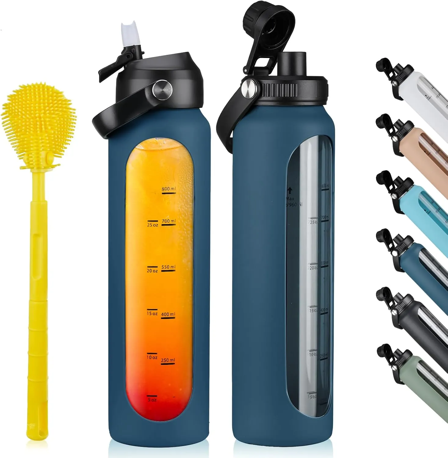 SIEROZUR 32 oz Glass Water Bottles with 2 Lids-Handle Spout Lid & Straw Lid 1 Liter Motivational Borosilicate Water Bottle with Silicone Sleeve and Time Marker,Leakproof