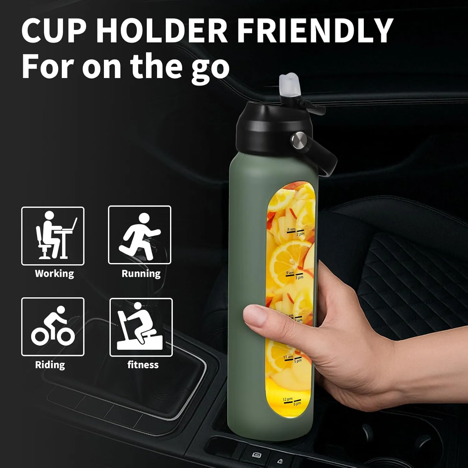 SIEROZUR 32 oz Glass Water Bottles with 2 Lids-Handle Spout Lid & Straw Lid 1 Liter Motivational Borosilicate Water Bottle with Silicone Sleeve and Time Marker,Leakproof