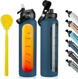SIEROZUR 32 oz Glass Water Bottles with 2 Lids-Handle Spout Lid & Straw Lid 1 Liter Motivational Borosilicate Water Bottle with Silicone Sleeve and Time Marker,Leakproof