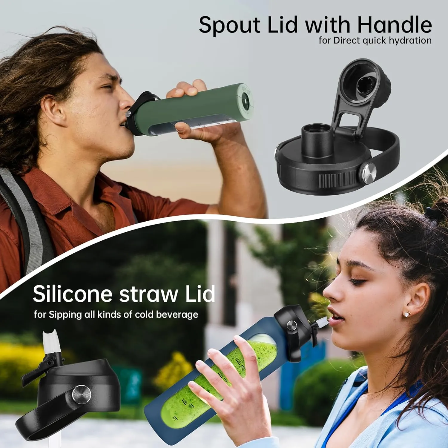 SIEROZUR 32 oz Glass Water Bottles with 2 Lids-Handle Spout Lid & Straw Lid 1 Liter Motivational Borosilicate Water Bottle with Silicone Sleeve and Time Marker,Leakproof